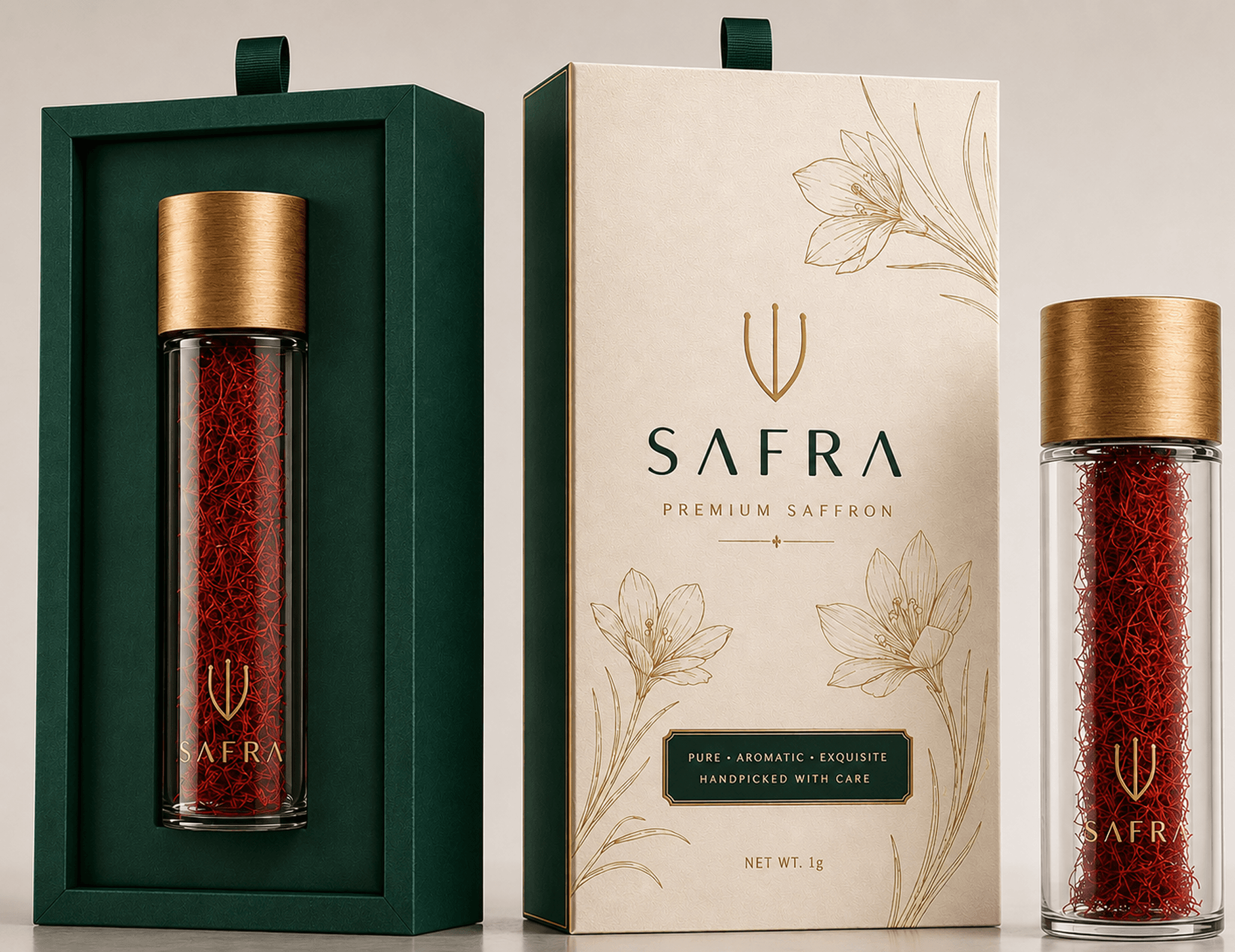 Safra saffron gift box, carton, and vial